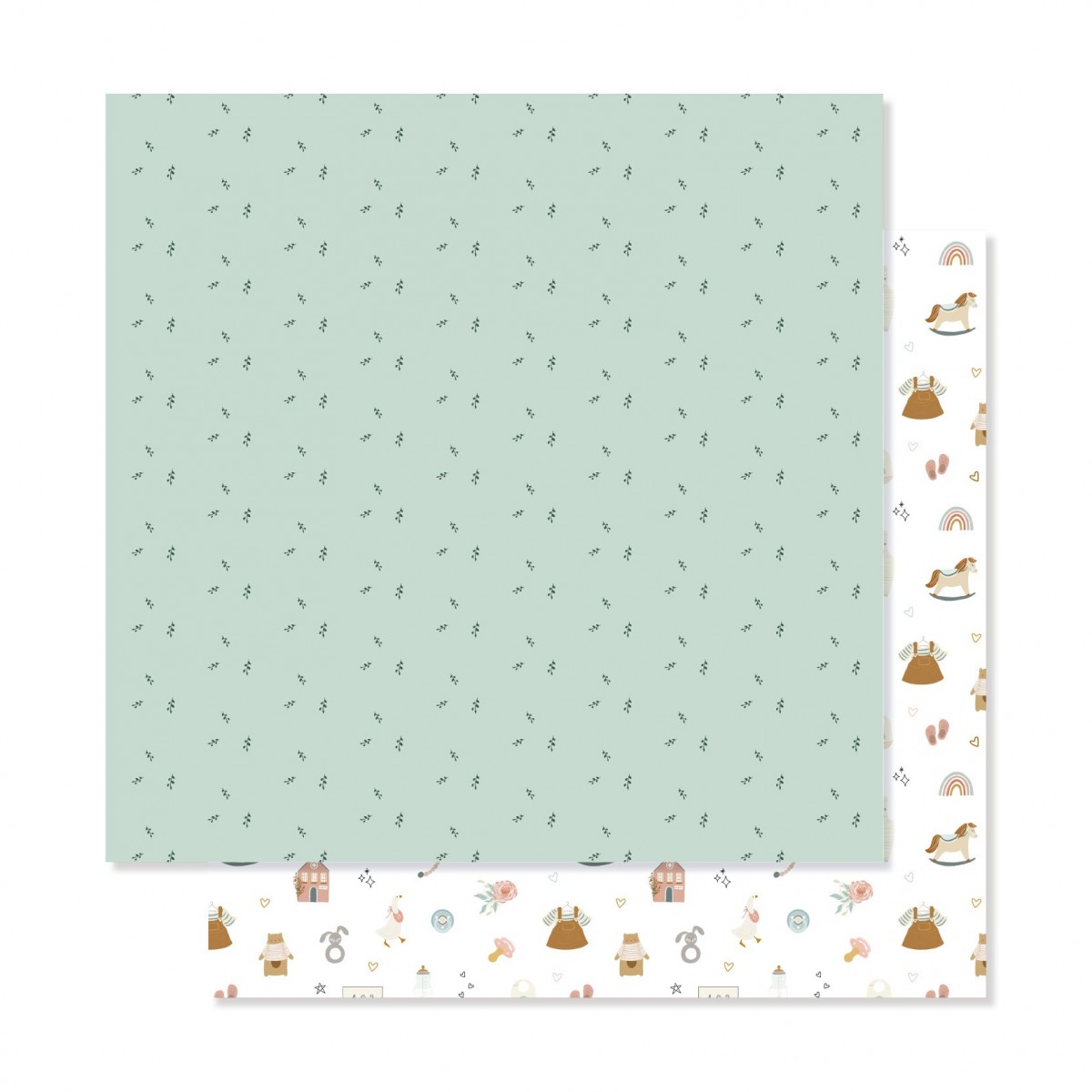 Papel decorativo verde-água com padrão de folhas e verso branco com desenhos variados