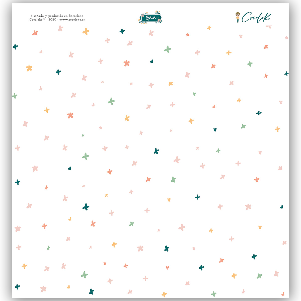 Papel decorativo branco com pequenas cruzes coloridas e texto no topo