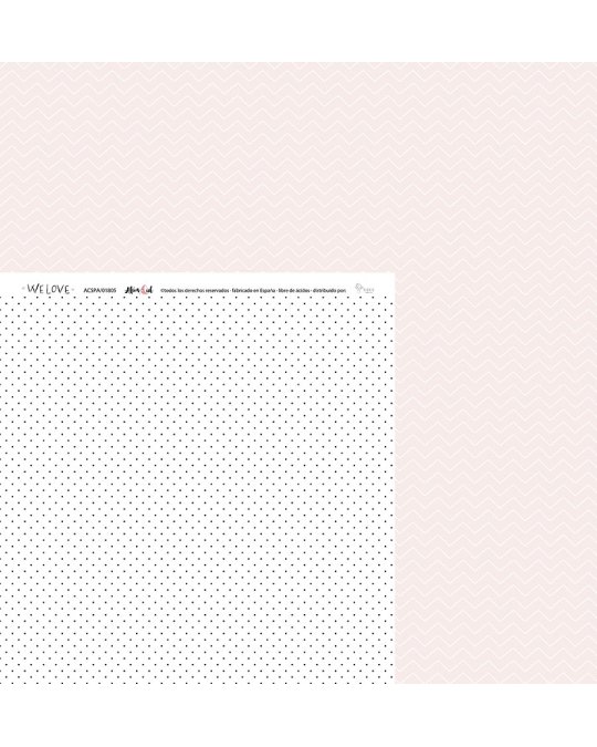 Papel decorativo com padrão de bolinhas pretas e ziguezague rosa claro