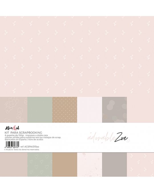 Kit para scrapbooking com 6 papéis em tons suaves e padrões variados