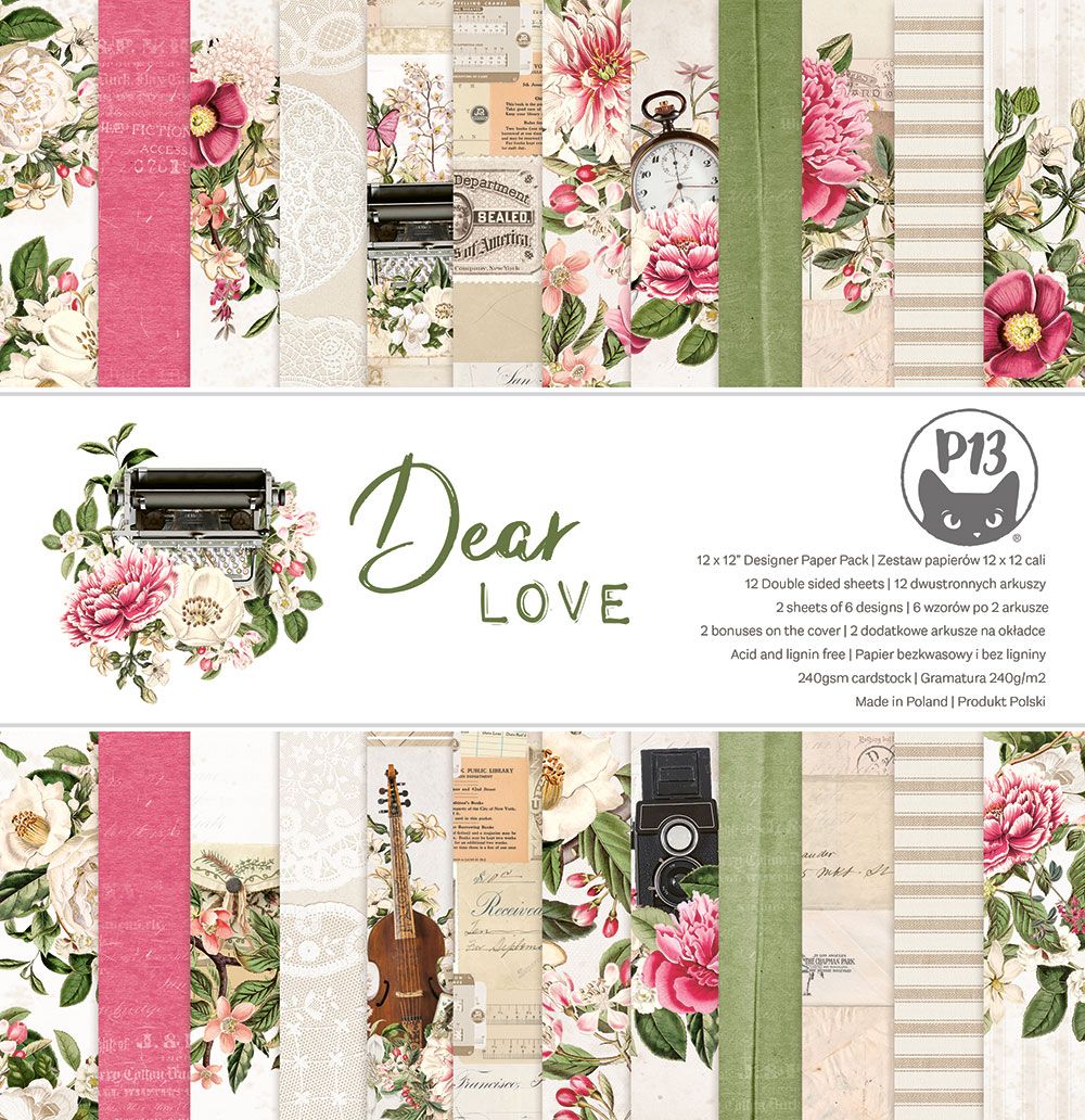 Pack de papel decorativo Dear Love para scrapbook com padrões florais, relógio, violino e escrita vintage