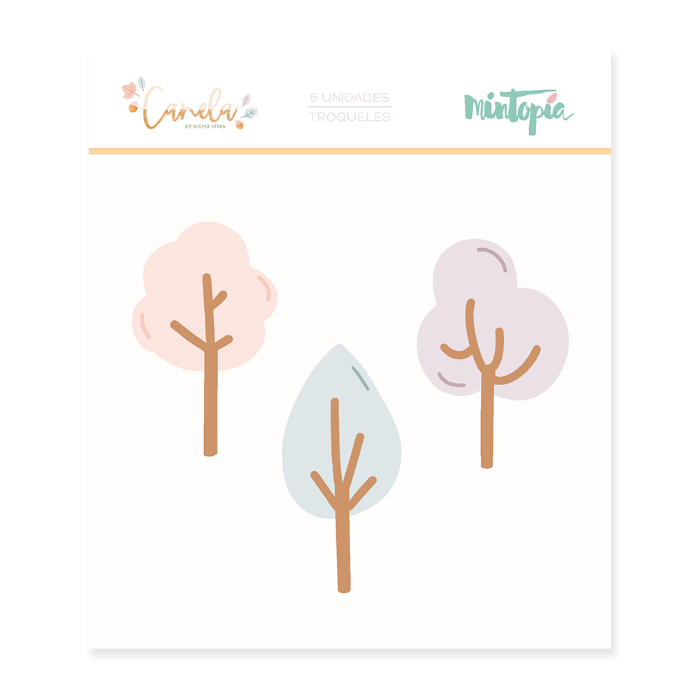 Autocolantes de três árvores em tons pastel com embalagem e texto visível