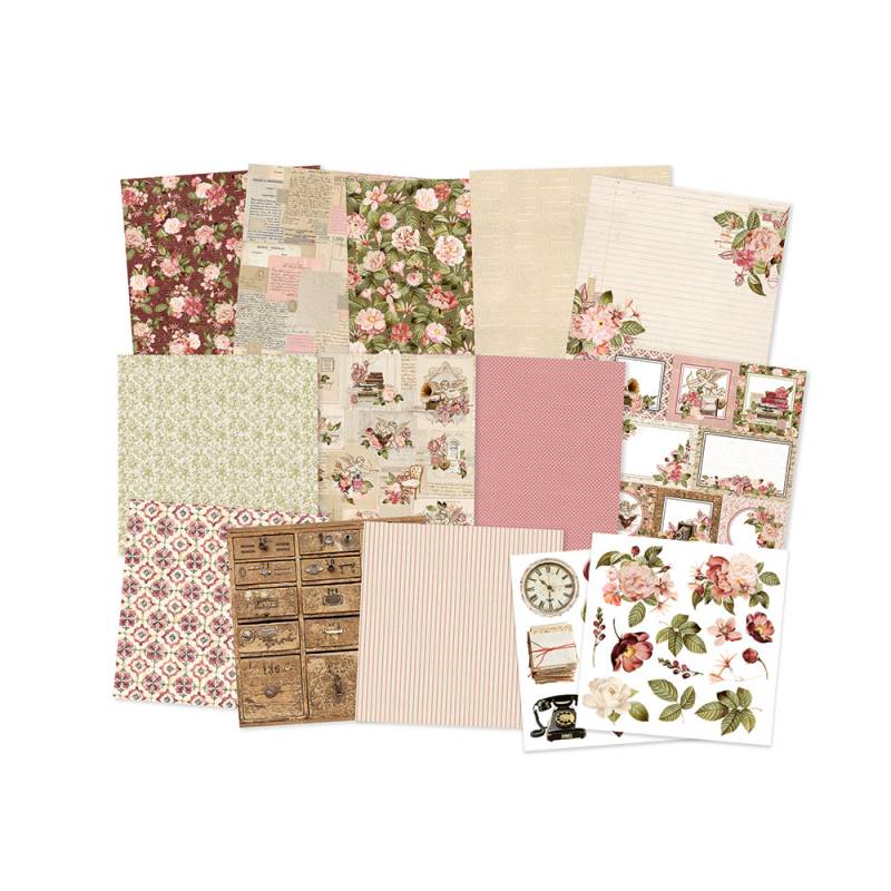 Conjunto de papéis decorativos variados com padrões florais e vintage