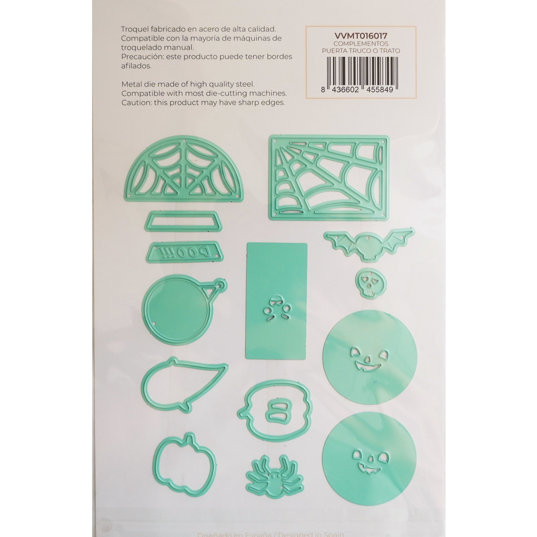 Conjunto de cortadores de metal verde claro para Halloween em embalagem de cartão branco