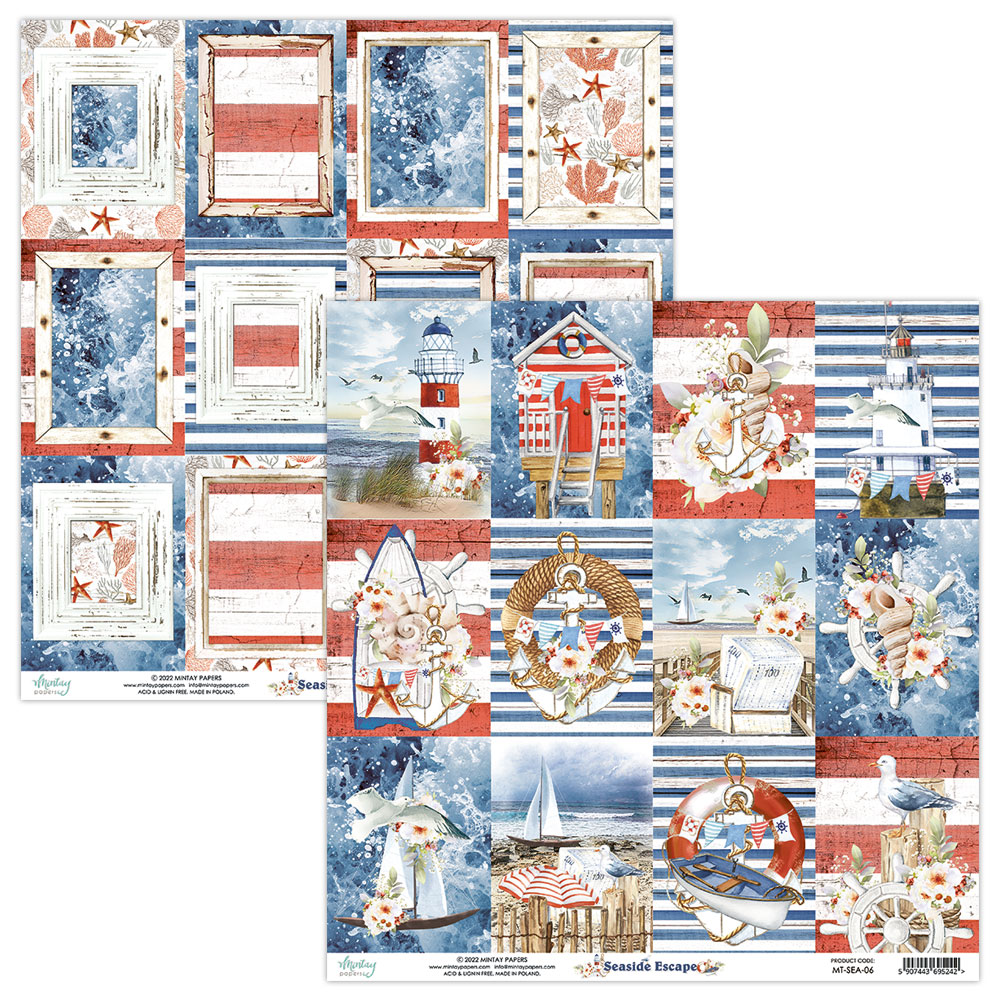 Papel decorativo scrapbooking com temas náuticos e cores azul, branco e vermelho