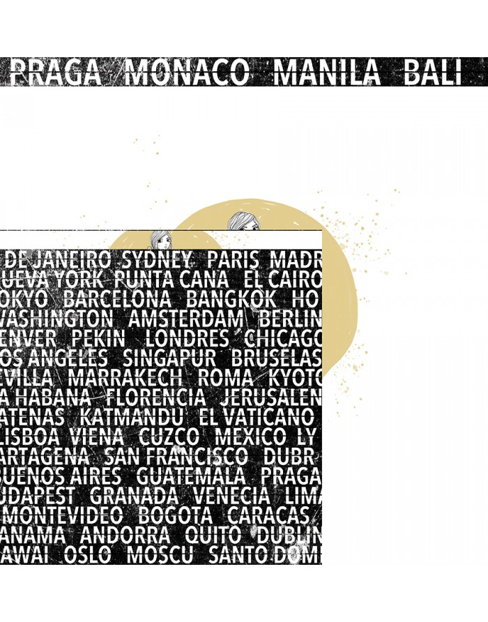 Padrão gráfico com nomes de cidades em branco sobre fundo preto com forma circular bege e desenho