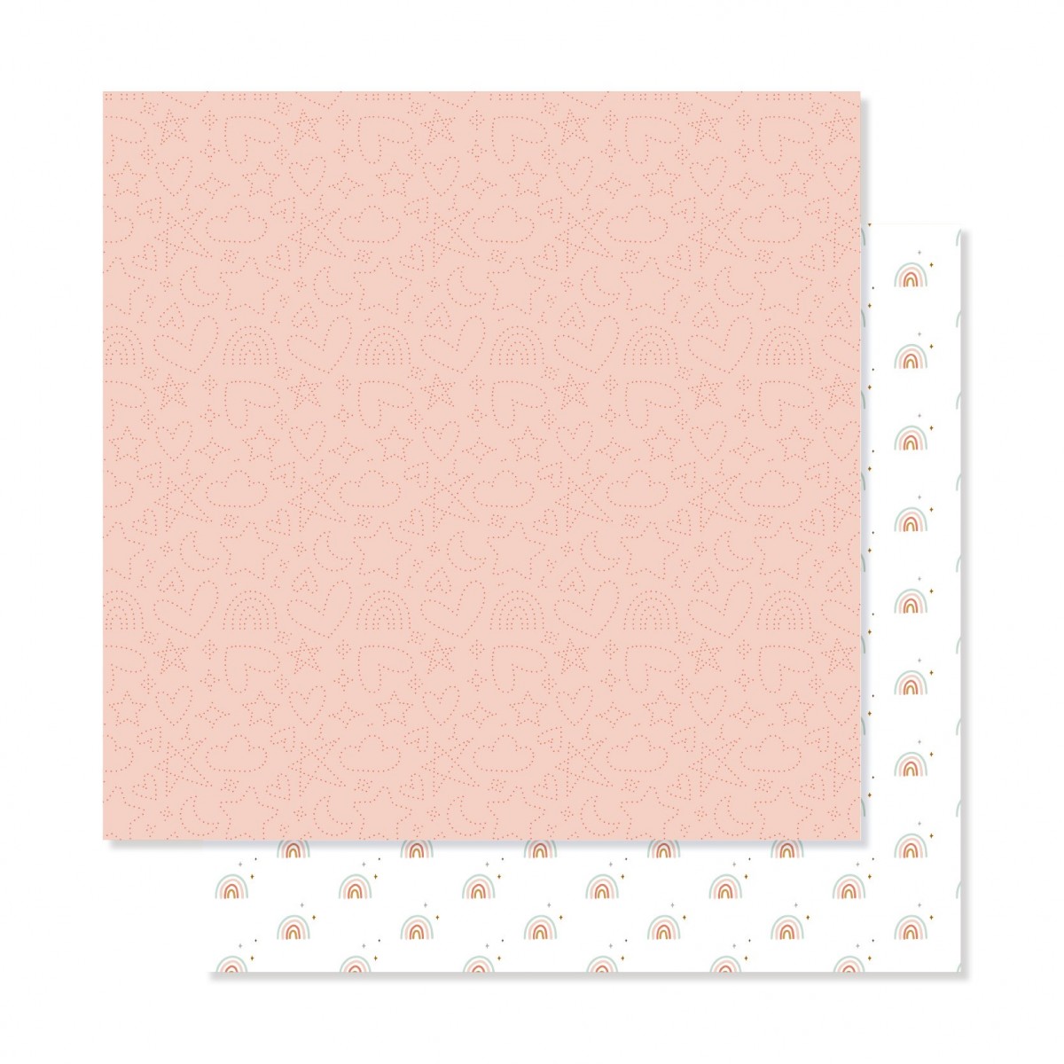 Papel decorativo quadrado com padrão duplo, lado rosa com desenhos lineares e lado branco com pequenos arco-íris