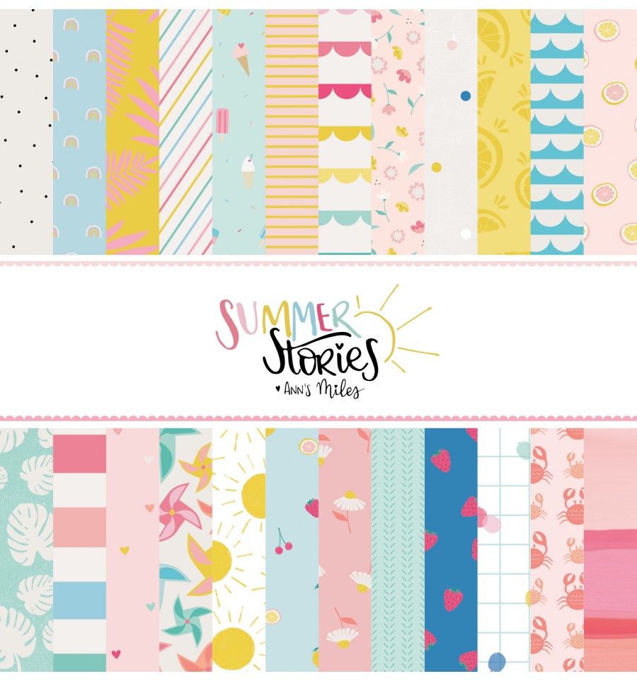 Padrões coloridos de papel decorativo de verão com texto SUMMER Stories Ann's Miles
