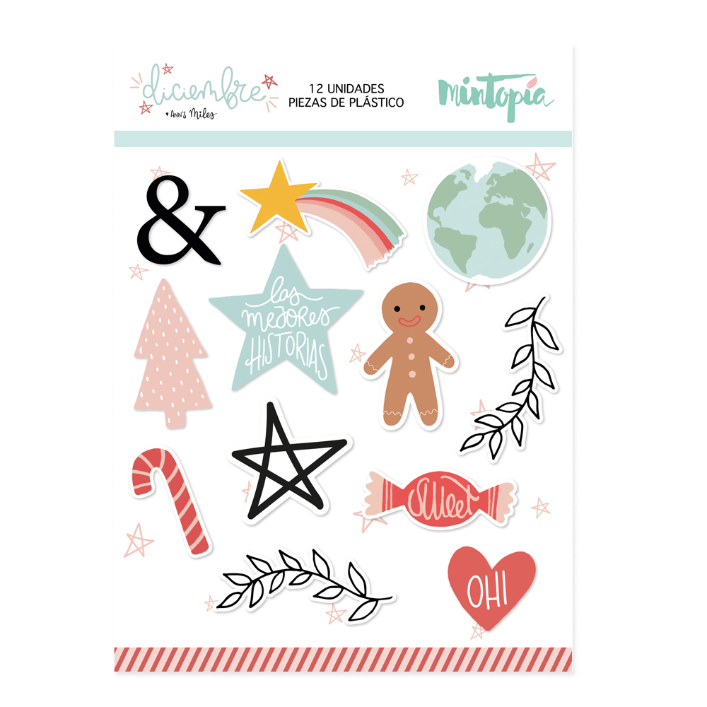 Conjunto 12 peças plástico decoração Natal com desenhos coloridos e textos em espanhol