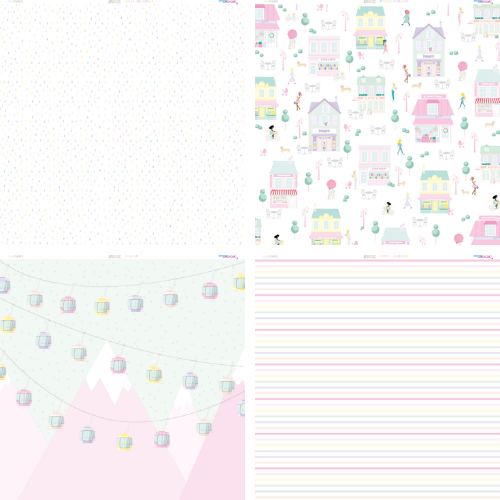 Quatro padrões coloridos em estilo pastel com pontos, casas, teleféricos e linhas finas.