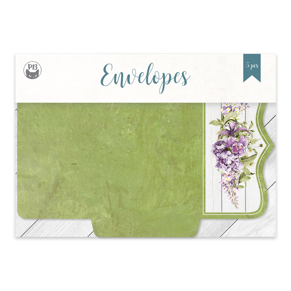 Pacote de envelopes verdes com decoração floral lilás