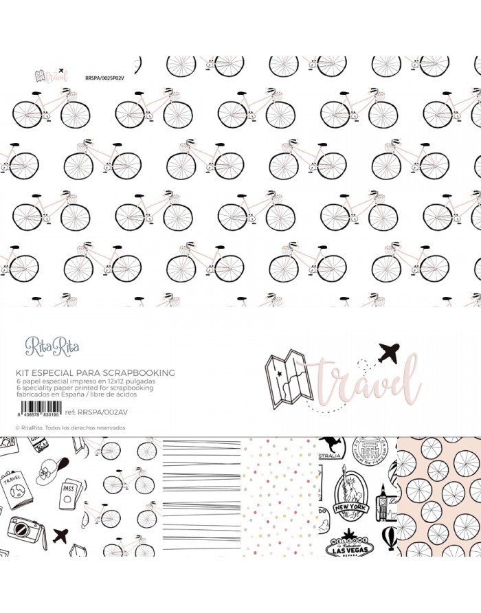 Papel para scrapbooking com padrão de bicicletas e ilustrações de viagem