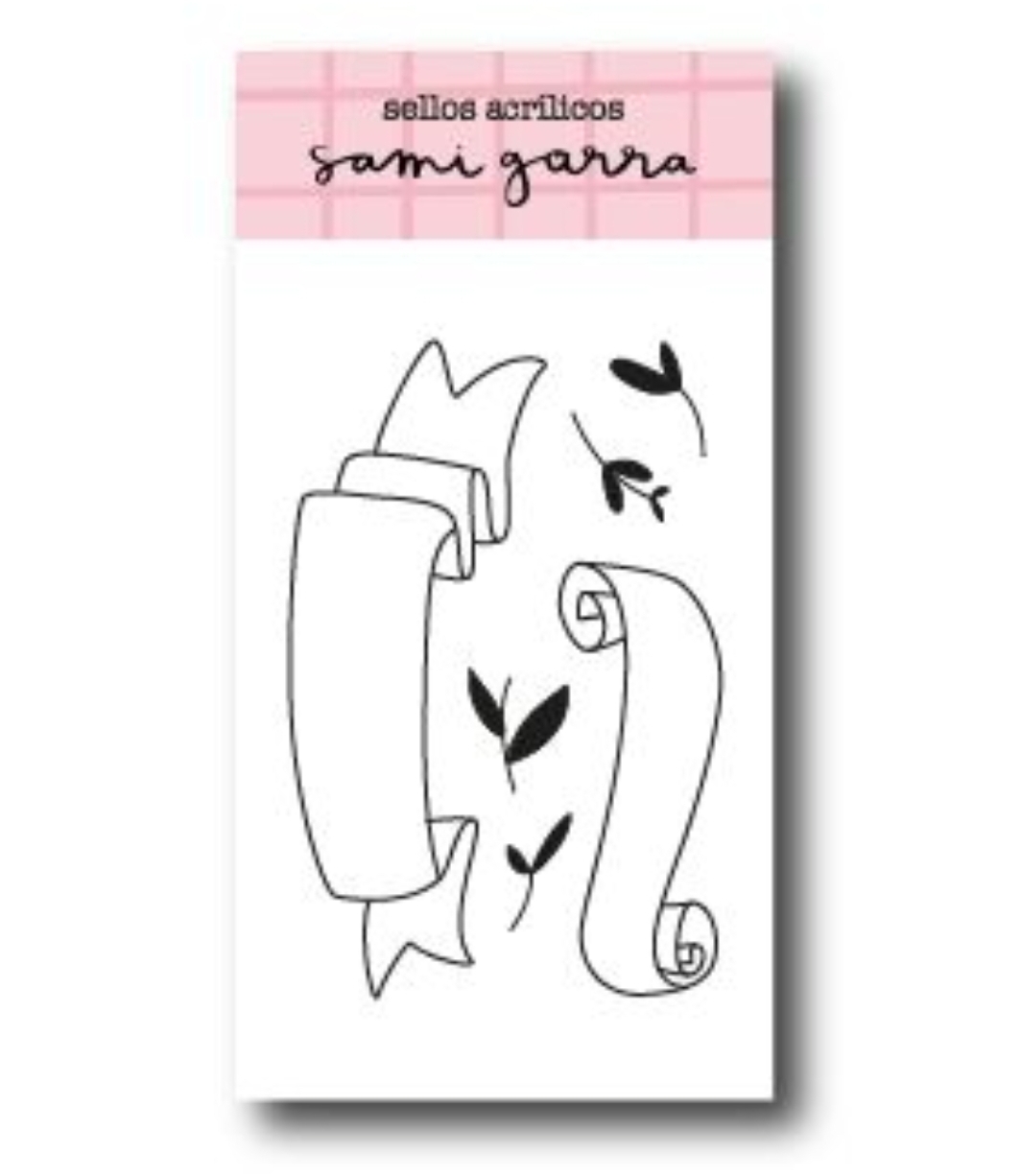 Selos acrílicos com desenhos de fitas e folhas em embalagem com cabeçalho rosa