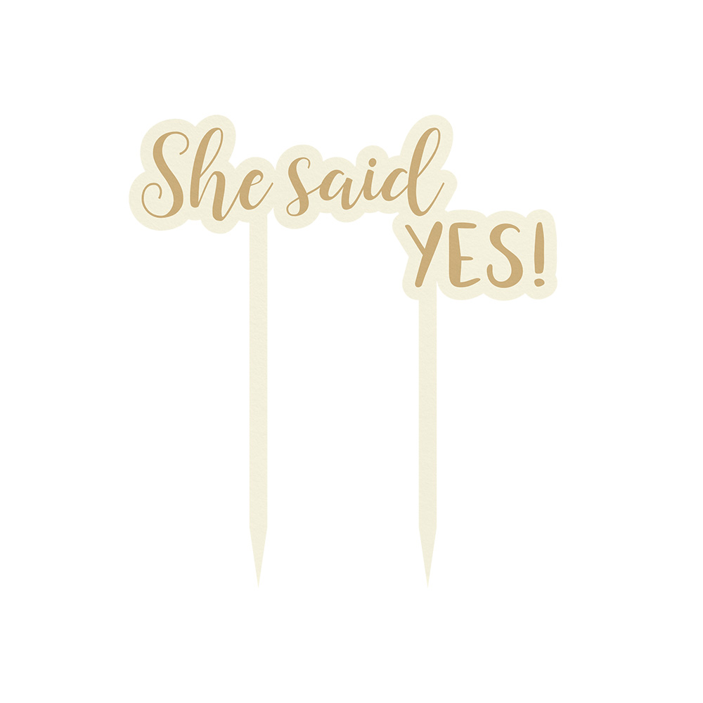 Topper bolo 'She said YES!' em bege e dourado com duas hastes para fixar