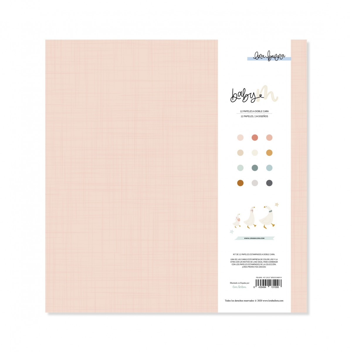 Papel de parede rosa claro com padrão de linhas e etiqueta colorida com texto e ilustrações.