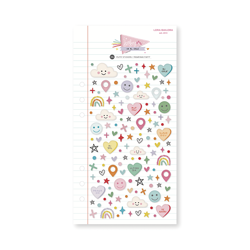 Folha com desenhos coloridos de nuvens, corações, estrelas, arcos-íris e ícones variados em tons pastel