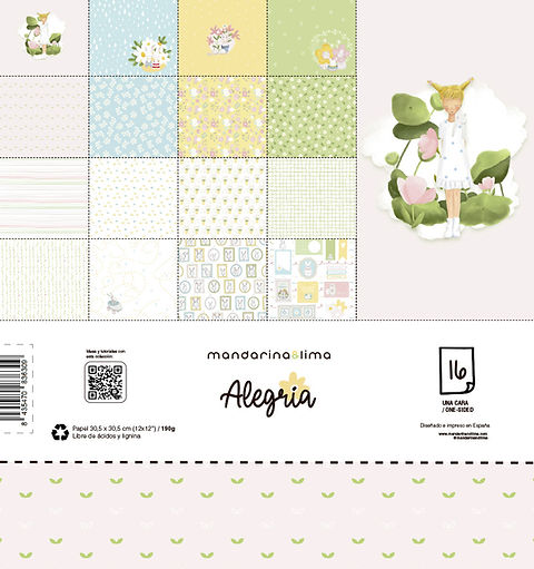 Papel de scrapbook com padrões coloridos em tons pastel e ilustração de menina com flores