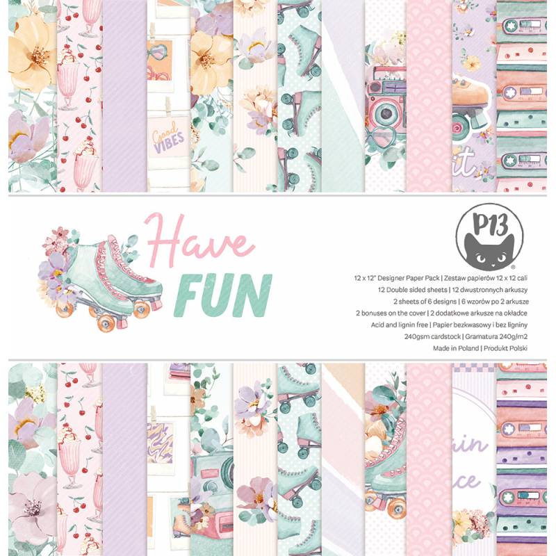 Papel decorativo para scrapbook com padrões coloridos em tons pastel e texto 'Have FUN'.
