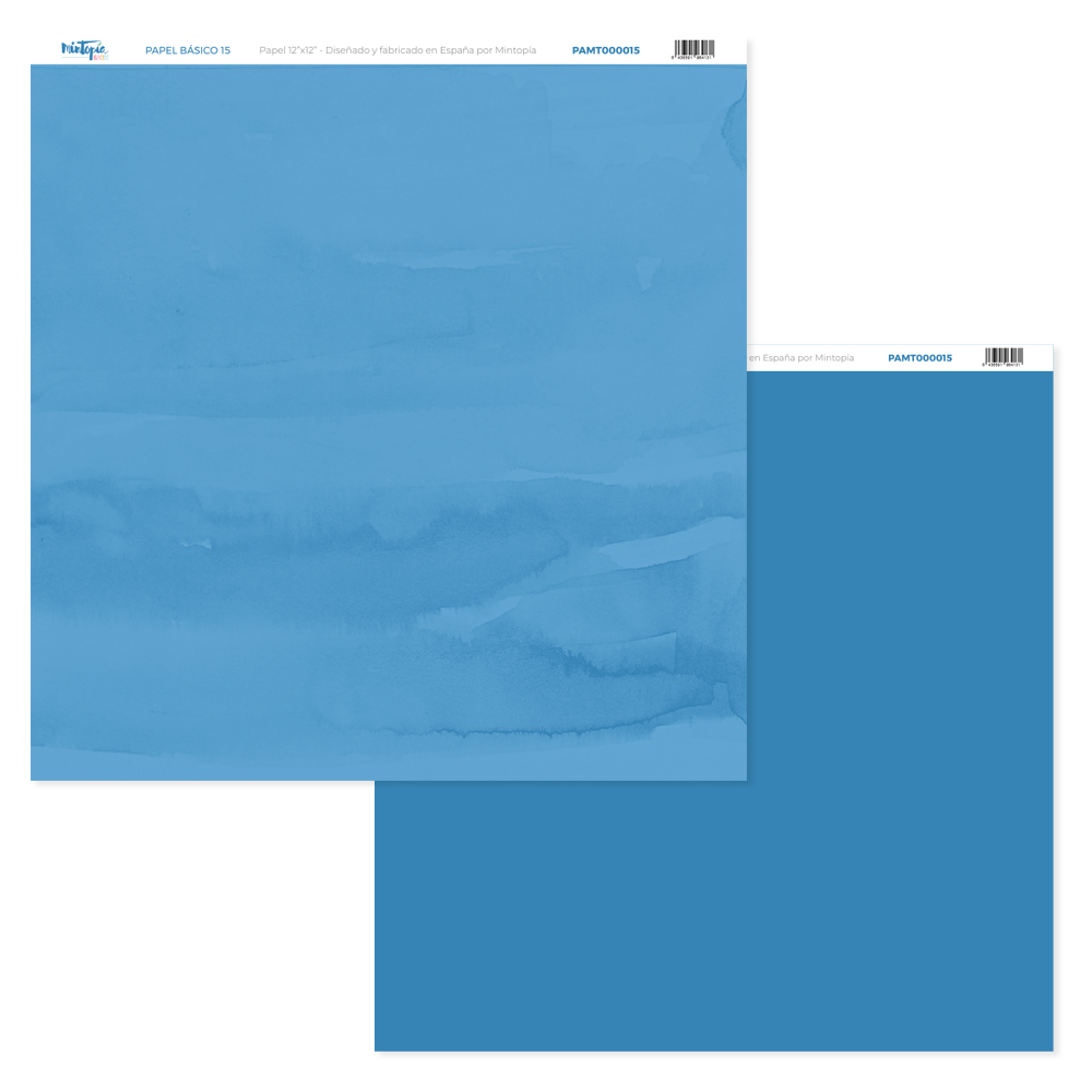 Folhas de papel decorativo azul com padrão aquarelado e cor sólida