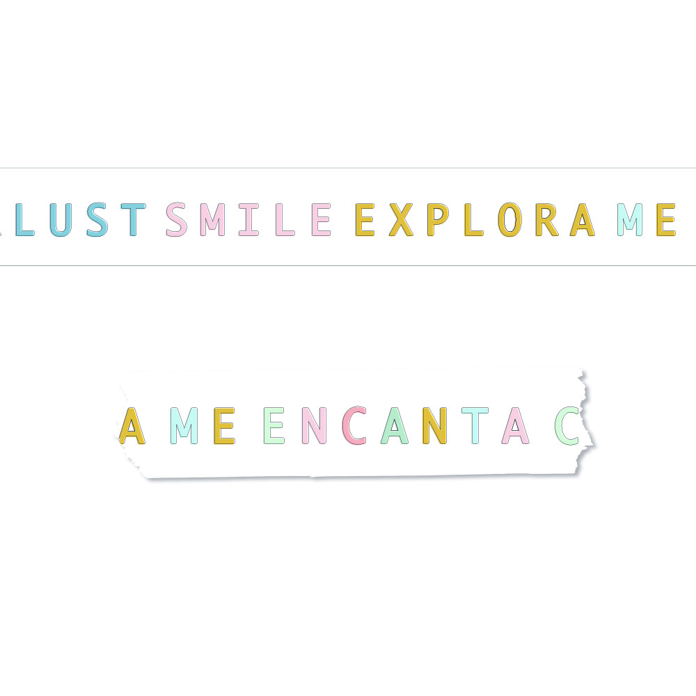 Letras adesivas coloridas formando palavras parciais sobre fundo branco