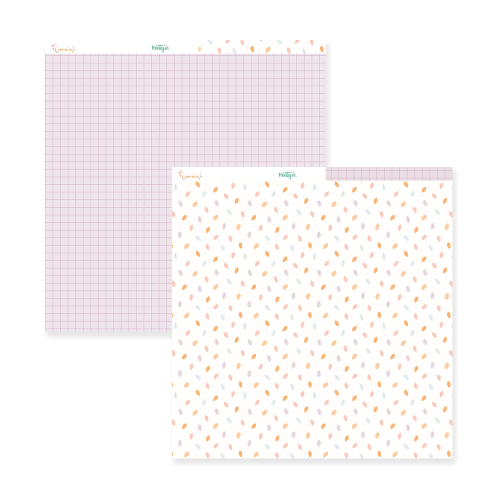 Papel decorativo quadrado reversível com grelha lilás e padrão de folhas coloridas