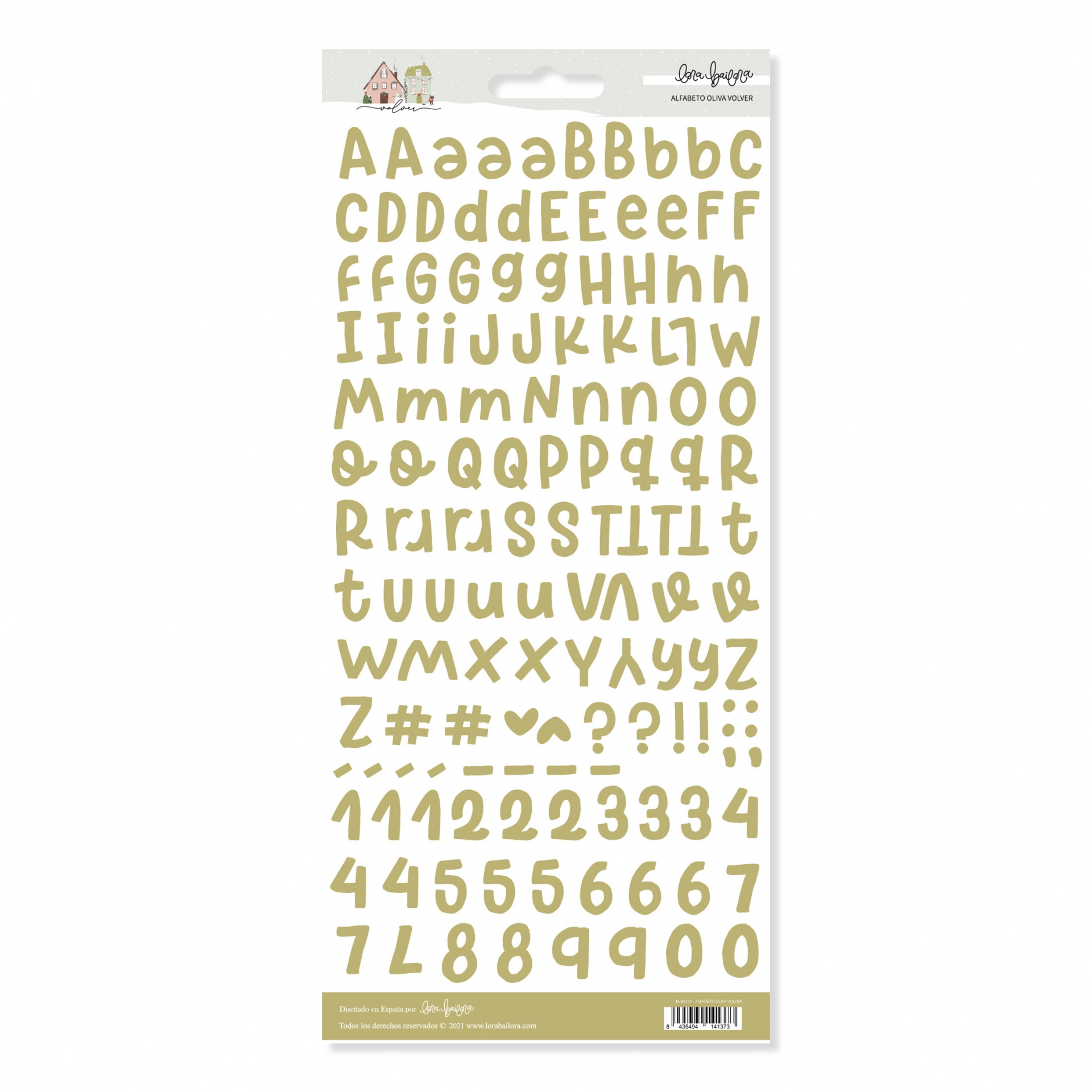 Folha de autocolantes com letras e números em tinta creme manuscrita