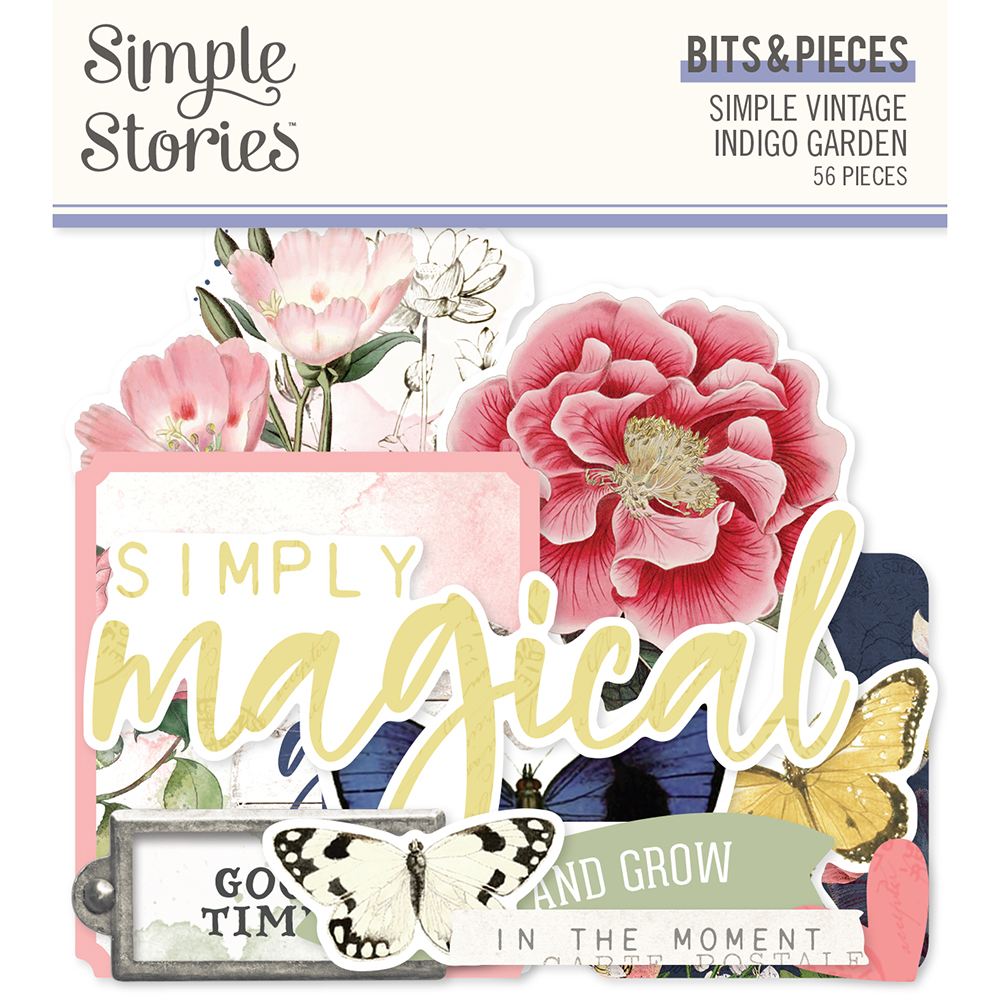 Peças decorativas vintage para scrapbooking com flores, borboletas e textos coloridos