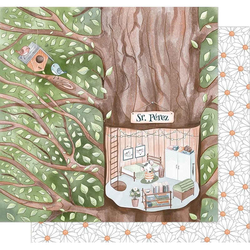 Ilustração de árvore com casa embutida no tronco e passarinhos no ninho