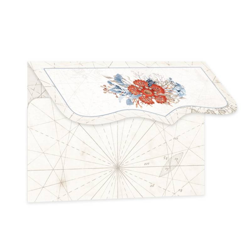 Convite em papel semitransparente com padrão náutico e flores coloridas
