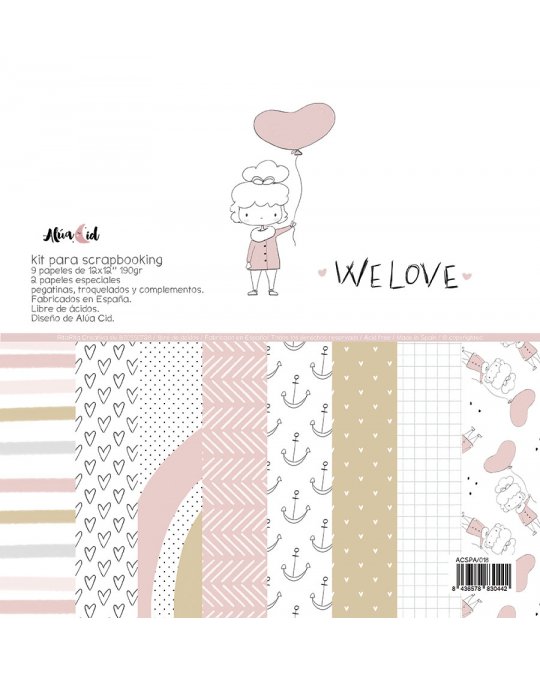 Kit para scrapbooking com papéis decorados em rosa, branco e bege com diversos padrões e ilustração de menina com balão.