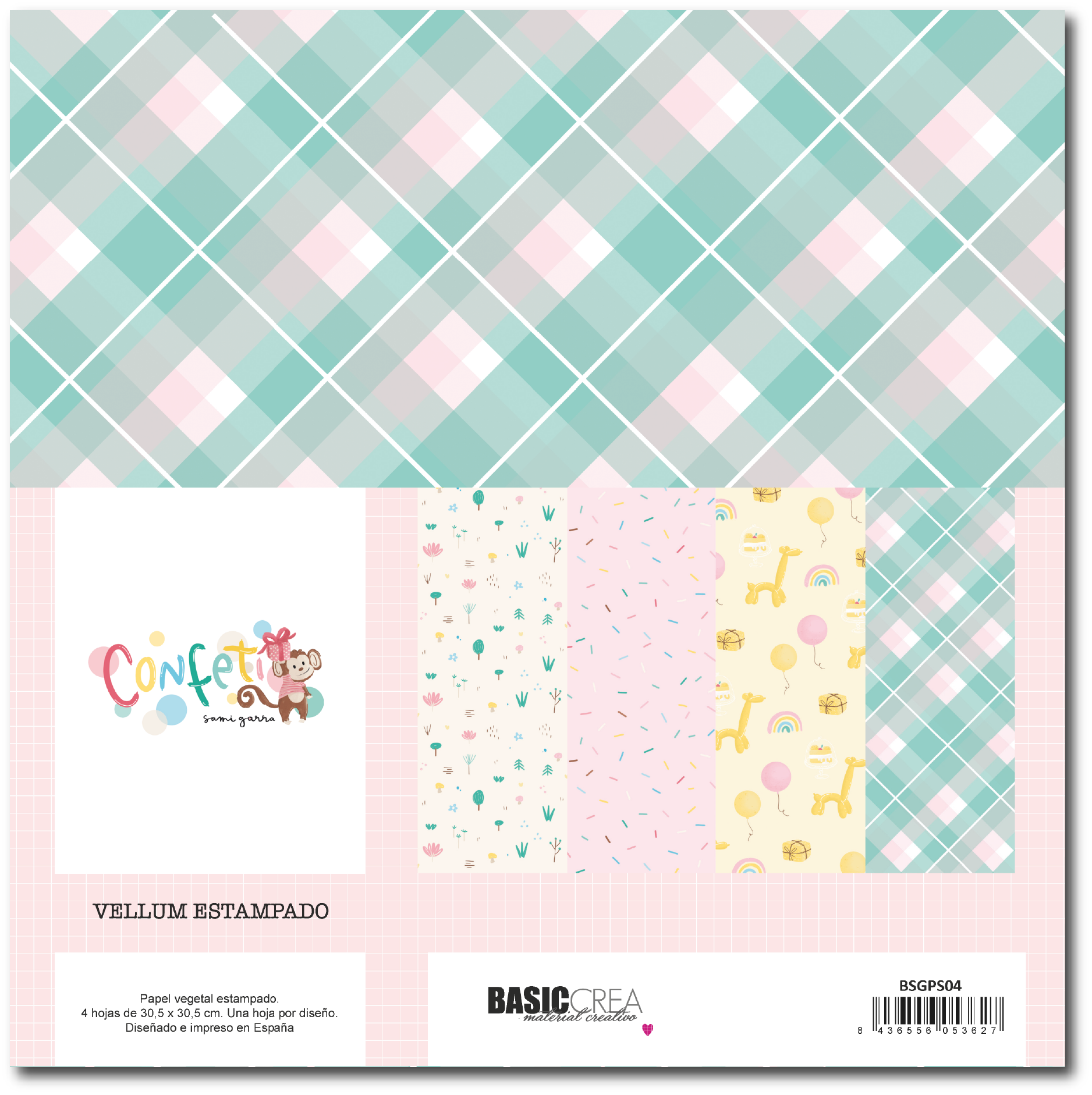 Papel vegetal estampado com padrões infantis e xadrez em embalagem