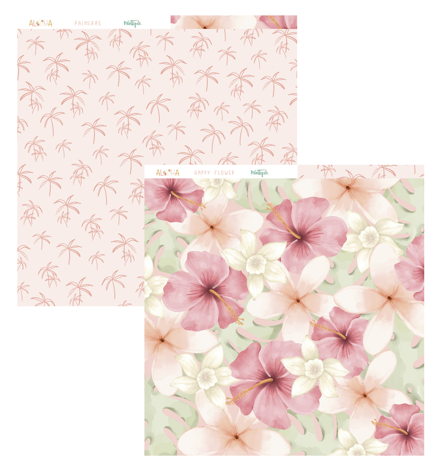 Papéis decorativos com padrões florais e de palmeiras em tons suaves