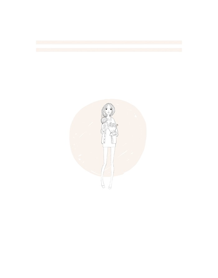 Desenho de mulher com vestido curto e folhos, sapatos de salto alto, fundo bege