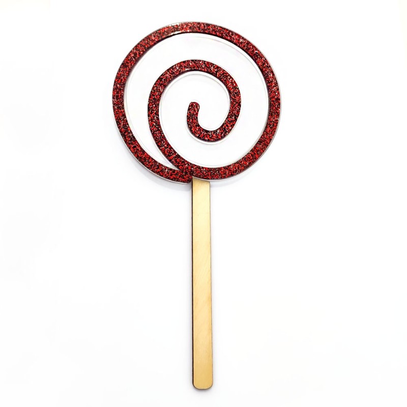 Piruleta espiral vermelha com suporte de madeira