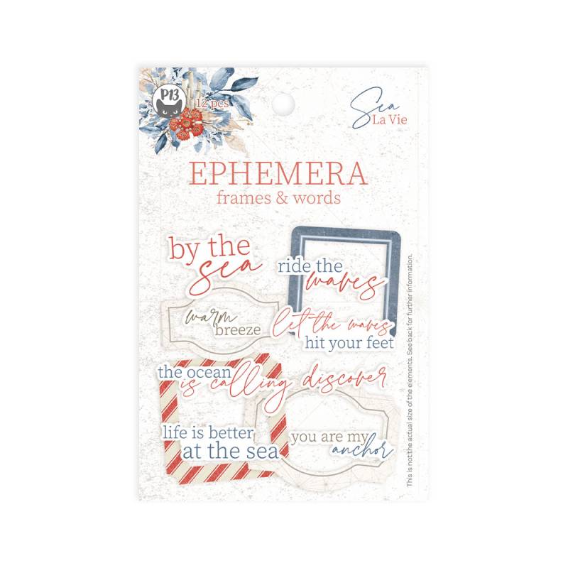 Ephemera Sea La Vie com frases e molduras marinhas em azul, vermelho e bege