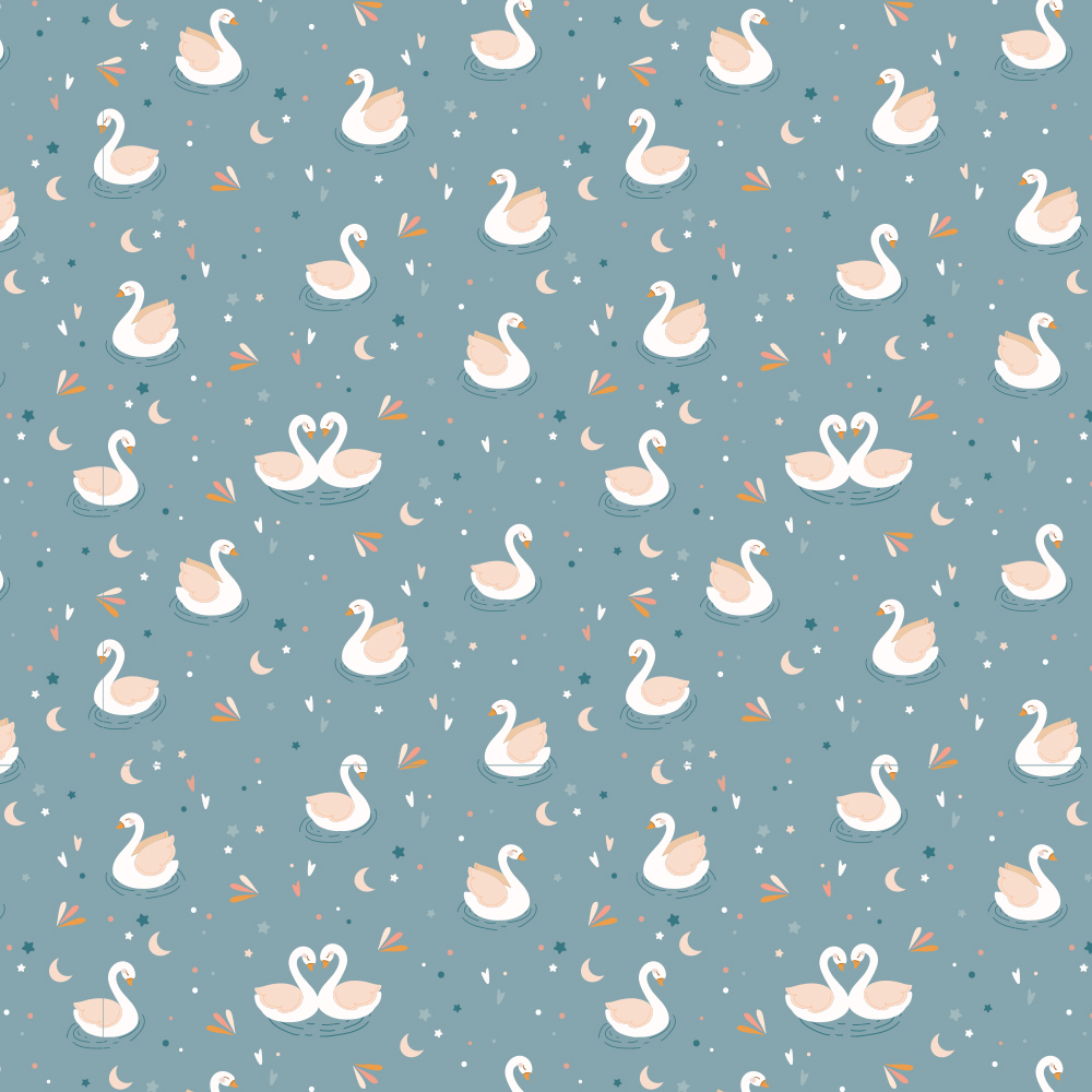 Padrão repetitivo de cisnes brancos em fundo azul-petróleo com estrelas e raminhos florais
