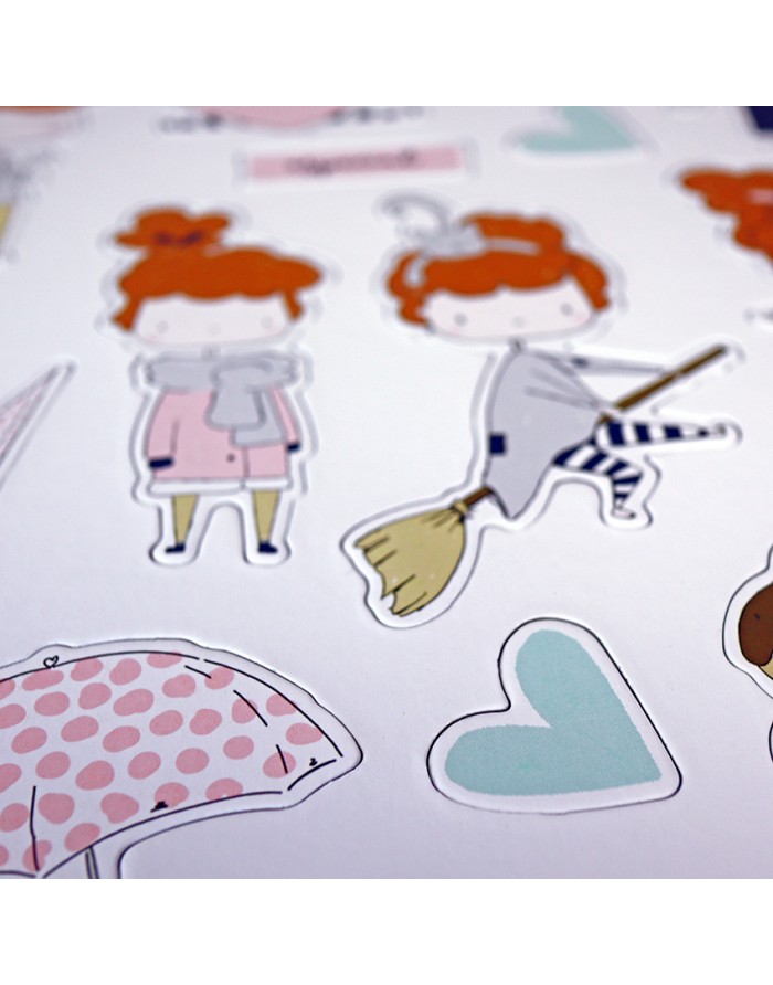 Autocolantes com desenhos de menina ruiva, guarda-chuva rosa às bolinhas e coração azul claro