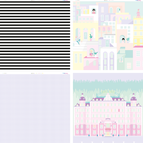 Quatro padrões e ilustrações coloridas divididas em quadrantes, incluindo riscas, edifícios e padrões geométricos.