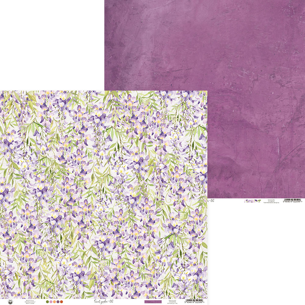 Papel de scrapbook dupla face com padrão floral lilás e textura roxa