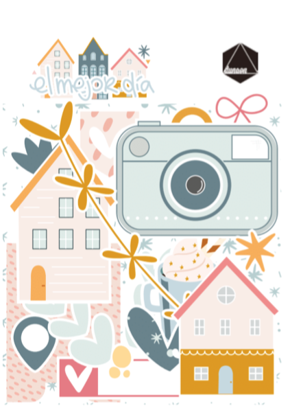 ilustração colorida com casas, câmara, flores e texto 'el mejor día'