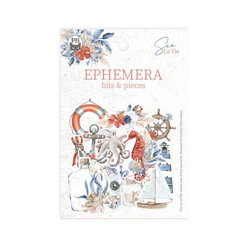 Pacote de ephemera decorativa com tema marítimo em cores azul, vermelho, bege e branco.
