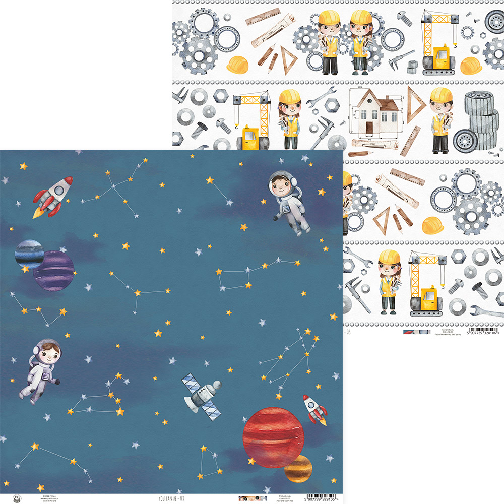 Papel de parede infantil com padrão espacial e construção civil em cores azul, branco, amarelo e cinza.