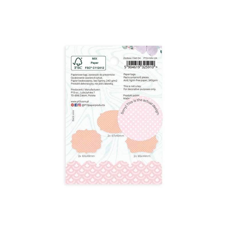 Embalagem de papel decorativo com padrões florais e detalhes em tons pastel com texto multilingue