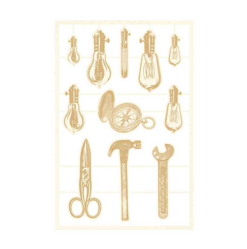 Adesivos bege de lâmpadas, bússola, tesoura, martelo e chave inglesa