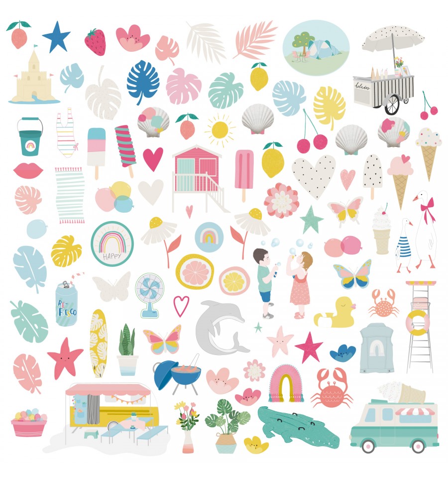 Ilustrações coloridas de objetos e símbolos de verão como picolés, frutas, animais e elementos de praia.
