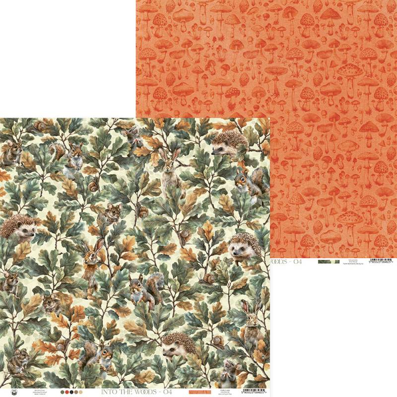 Papel decorativo dupla face com padrão de floresta e cogumelos em tons verdes, castanhos e laranja.