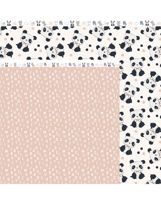 Papel ou tecido decorativo com padrão de pandas e letras em cor-de-rosa claro