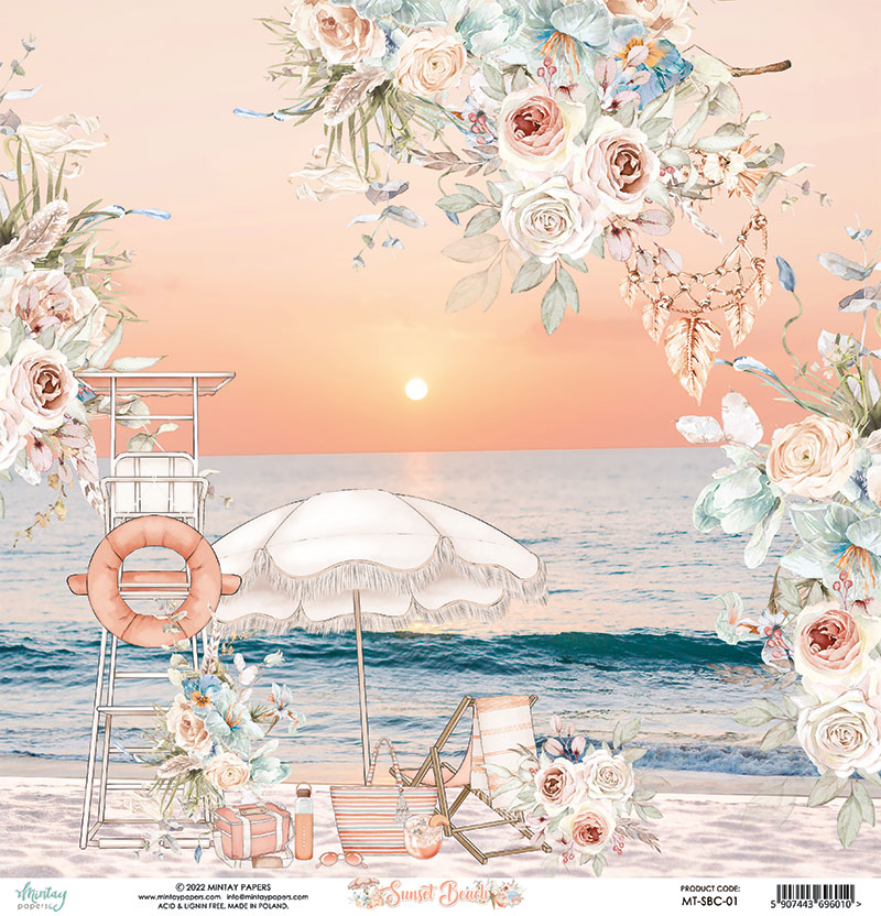 Papel de parede decorativo com flores, guarda-sol branco, cadeira de praia e mar ao pôr do sol.