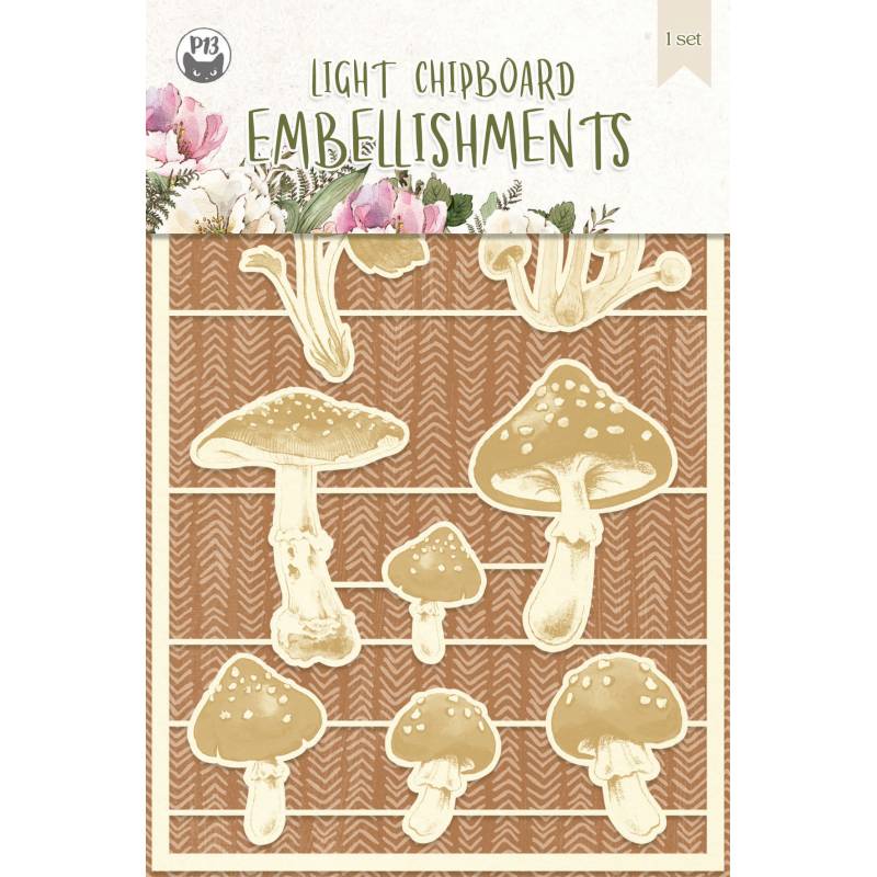 Embossed light chipboard embellishments with mushroom designs