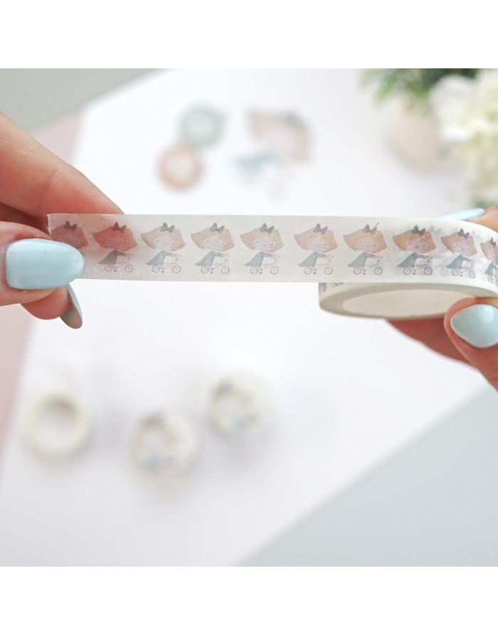 Fita washi com padrão de cães bebés em carrinhos, em tons castanhos, azuis e cinzentos